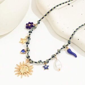 Sun Charm Gold Necklace with Blue Accents A1334